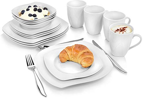 SÄNGER | Kombiservice Avalon 16 teilig, Porzellan Geschirr Set 4 Personen mit Speistellern Desserttellern Tiefen Tellern & Kaffeeservice Modern Weiß in Geschwungener Form | PREMIUM COLLECTION