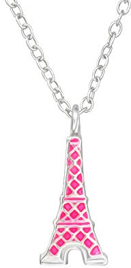 Monkimau Mädchen Halskette Eiffelturm Anhänger aus 925 Sterling Silver echt Silber mit Emaille Pink 39cm Kette