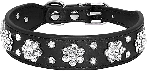 haoyueer Strass-Hundehalsband, niedliche Blume, Strass, Katzen-Hundehalsband, glitzerndes Halsband, PU-Leder, verstellbare Größen, S, M, L (S, Schwarz)