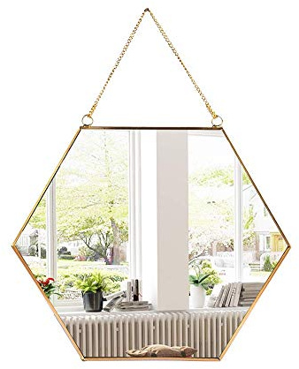 C&Z Sechseckiger Spiegel zum Aufhängen, Gold, geometrischer Vintage-Stil, Spiegel mit Kette für Badezimmer, Schlafzimmer, Wohnzimmer, 30 x 25,9 cm