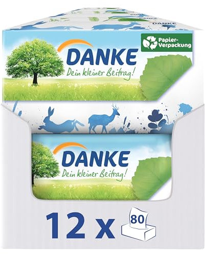 DANKE Taschentücher in der rechteckigen Box, 4-lagig - 12 x 80 Stück - Papiertaschentücher aus 100 % Recycling- Papier, umweltschonend, dermatologisch getestet