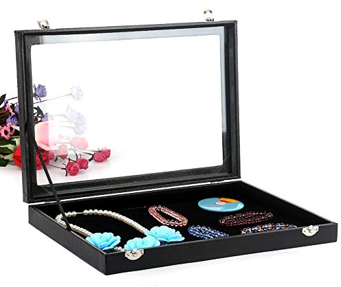 POFET Schmuckschatulle, Samtvitrine für Halsketten, Ohrringe, Armbänder, Fußkettchen, Anhänger und Ringe mit abschließbarem Glasdeckel für Zuhause, Geschäft, Ankleidezimmer