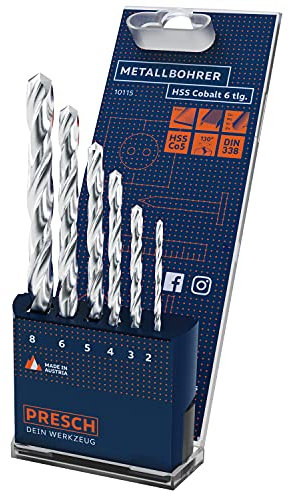Presch Metallbohrer Set HSS Cobalt 6-tlg - Edelstahl Bohrersatz - Hochwertiges HSS Cobalt Bohrer Set für Metall, Stahl, Eisen uvm. - Profi HSS-CO Edelstahl Bohrer - Ø 2-8mm
