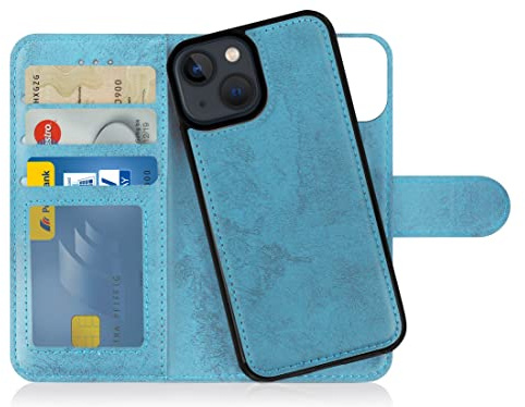 MyGadget Flip Case für iPhone 13 Mini - [ abnehmbare Magnet Hülle ] - Handyhülle aus Kunstleder - [ Klapphülle mit Kartenfach ] Schutzhülle in Hellblau