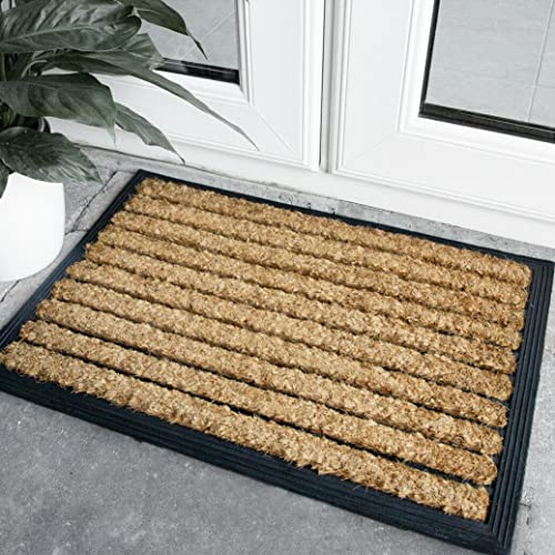 JKZ RUG AND DOORMATS Door Mats Outdoor Backdoor Dirt Trapper Heavy Duty Mat Natural Coir Thick Stripe Mat Brown Shoe Scrapper Long Lasting Easy Clean Front Back Door Mats