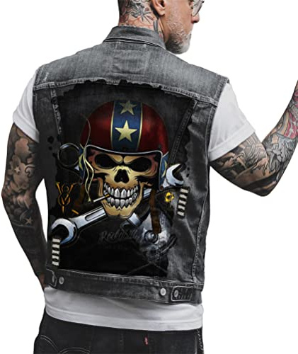 ORANDESIGNE Chaleco de Mezclilla de Hombre Chaqueta Sin Mangas Chaleco con Estampado de Calavera Punk Chaleco Vaquero Lavado Chaqueta Corta de Moto O Negro XL