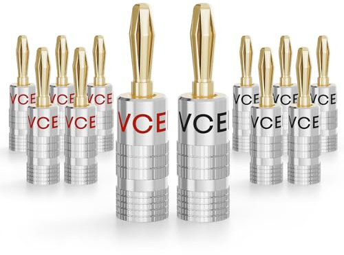 VCELINK Bananenstecker Lautsprecher，0,75–4 mm² Kabel, 6 Paare/12 Stück | 24K vergoldet, Banana-Steckverbinder High End für Lautsprecherkabel, Verstärker, HiFi-Boxen, AV Receiver, schraubbar