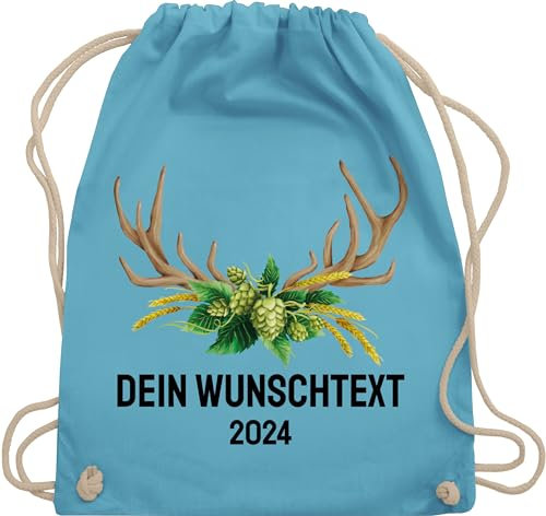 Turnbeutel Rucksack - Kompatibel Oktoberfest - Jahrgang 2025 - Hirschgeweih Weizen Hopfen - Unisize - Hellblau - oktoberfest-tasche trachten tasche trachtenrucksack bayrisch stoffbeutel