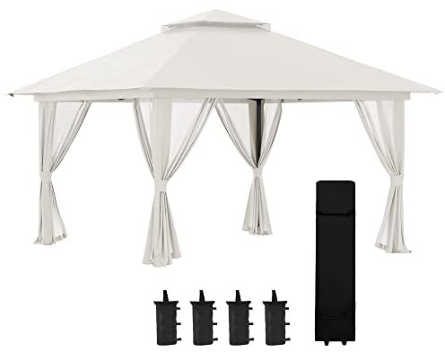 Outsunny Carpa Plegable Pop-up 4x4x2,8 m Cenador de Jardín con Paredes Altura Ajustable Anti-UV Impermeable Doble Techo Mosquiteras y Bolsa de Ruedas Gazebo para Exterior Fiestas Camping Crema