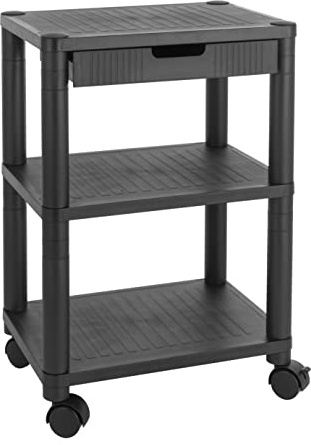 Baroni Home Mueble de Oficina con Ruedas y cajón con Tres estantes, Carro con estantes de plástico, Soporte con Superficie de Apoyo para Impresora, Negro
