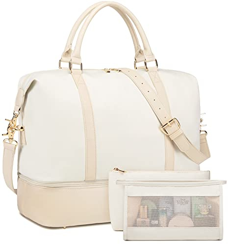 Weekender Übernachtungstasche, Handgepäck, Reise-Tragetasche, PU-Leder-Schultergurt, Oxford-Beige, 3 Stück
