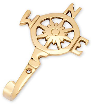 NKlaus 7x12,5cm Haken - Kompassrose Messing gold Wand Tür Regal Handtuchhaken maritim 11593