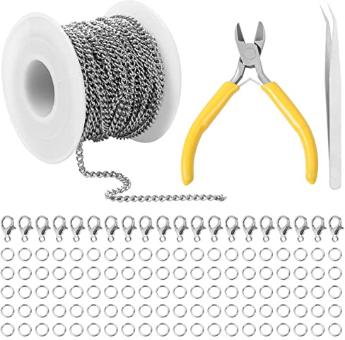 JYUHA 33 Feet Jewelry Making Chains, 3mm Silvery Craft Link Chain Stainless Steel Chains with 100 PCS Jump Rings 20 PCS Lobster Clasps 1PCS Pliers for DIY Craft Jewelry Making