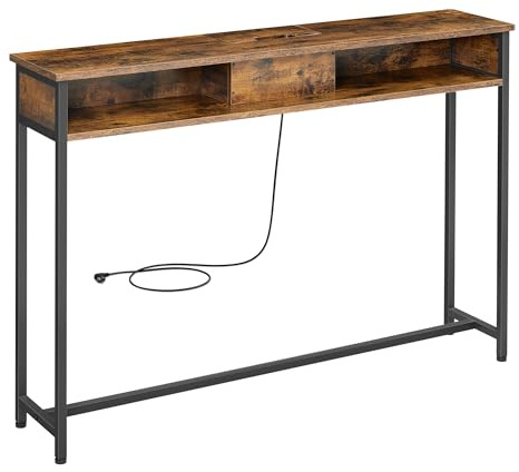 VASAGLE Mesa de Consola Delgada con Multienchufe, Mesa de sofá con 2 Compartimentos, Carga Oculta, Ahorro de Espacio, 25 x 120 x 81 cm, Entrada, Salón, Marrón Rústico y Negro Tinta LNT111K01
