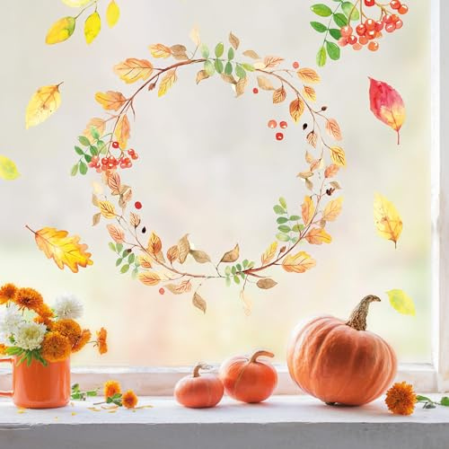 Fensterbild Herbst Blätterkranz Blätter Herbstlicher Fensteraufkleber Fensterdeko wiederverwendbare Fensteraufkleber Kinderzimmer Kind, 1. A4 Bogen
