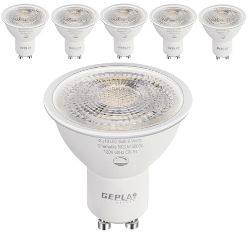 GEPLAD 6 Pack GU10 LED Spotlight Bulbs,Dimmable, 5000K Daylight 582LM, 50W or 60W Halogen Equivalent,6W Recessed Light Bulbs for Kitchen, Range Hood, Living Room, Bedroom