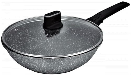 GREBLON poêles Wok façon Pierre avec couvercle de Haute qualités Anti-Adhérente Compatible Tous Feux 100% Induction adapté au Four grâce à sa Manche Amovible Ø 28 cm noir Moucheté