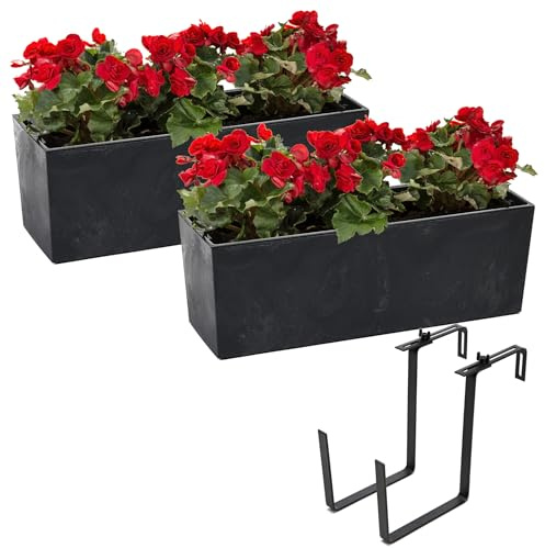 botle Juego de 2 jardineras para balcón con maceta, aspecto de hormigón, color negro, 56 x 19 x 19,5 cm + soporte de metal negro