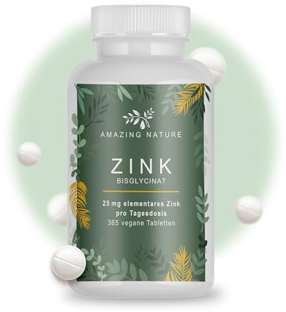 Zink 25mg Tabletten – hochdosiertes Zinkbisglycinat (Chelat) – 365 Stück vegan & magenfreundlich – Zink für Immunsystem, Haut, Haare & Nägel – Jahresvorrat