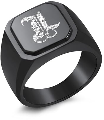 INBLUE Personalisierte Gravierte Name/Initial Monogramm Signet Ringe für Männer mit Optionalen Größe 54-75 Edelstahl Buchstabe Ringe mit Ringe Größe Adjusters Mode Ringe Schmuck für Jahrestag