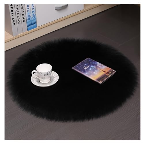 Hrlace Lammfell Schaffell Teppich Rund Kunstfell Teppich Waschbar Weich Fellteppich Flauschiger Longhair Stuhlauflage Nachahmung Wolle Bettvorleger Sofa Matte für Heimdekoration Schwarz 40 * 40cm