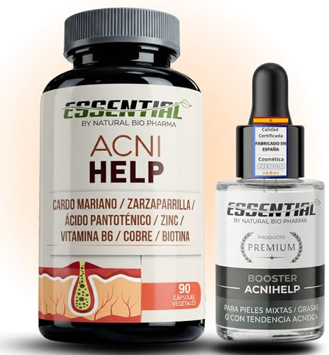 Tratamiento Acné de Cardo Mariano, Vitaminas + Serum para Puntos Negros Nariz y Quitar los Granos, Acne Espalda. Zinc, Vitamina B6, Zarzaparrilla ACNI HELP 90 Cáps + BOOSTER Pixalia 15ml