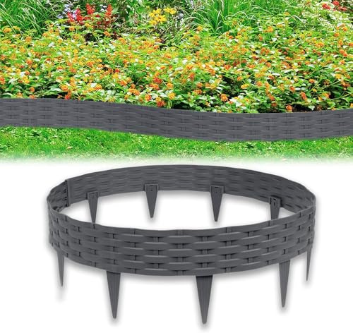 Froadp Rattan Optik Beeteinfassung Rasenkante Set, Beetumrandungen Kunststoff Rasenkantensteine, Plastik Beetzaun Rasenbegrenzung, Beetabgrenzung Garten Palisaden (15m=15 Stück, Anthrazit)