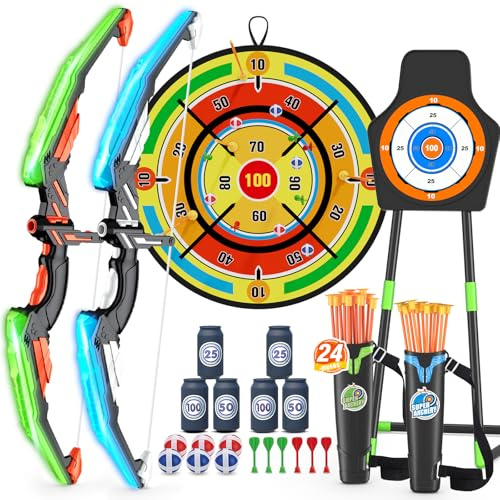 HYES 2 Pack Bow and Arrow Toy with 29 Dart Board, Light Up Archery Set with 24 Suction Cup Arrows, Indoor Outdoor Toys Gifts for 4 5 6 7 8 9 10 11 12 Year Old Boys Girls