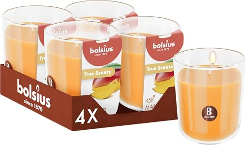 Bolsius - True Scents - Mangue - Orange - Lot de 4 Bougies Parfumées - 9,7 x 8,5 cm - Durée de combustion: 45 heures - Avec extraits naturels - Cire végétale naturelle - Sans huile de palme