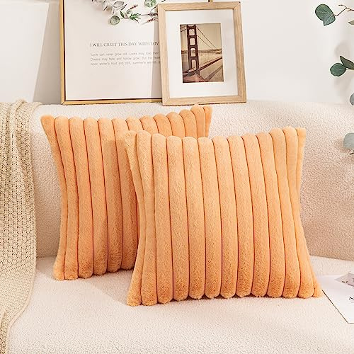 Uhomy Confezione da 2 federe decorative per cuscini da lancio in finta pelliccia peluche arancione, fodere morbide sfumate a righe per cuscini per soggiorno, divano, letto, camera da letto, arancione
