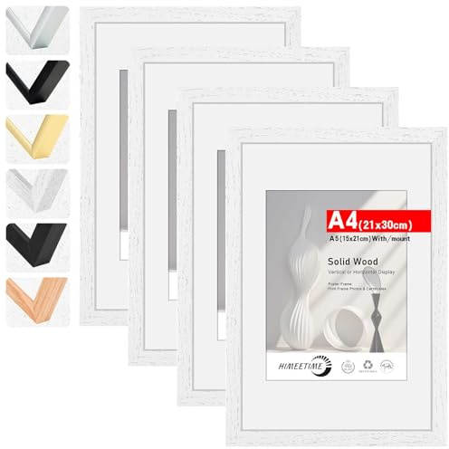 HIMEETIME® 4x Bilderrahmen DIN A4 21x30 cm Weiss Holz Fotorahmen aus Massivholz Rahmen 21x29,7 cm,Bild mit Passepartout Display 10x15cm,für Wandbehänge oder Tischdekoration