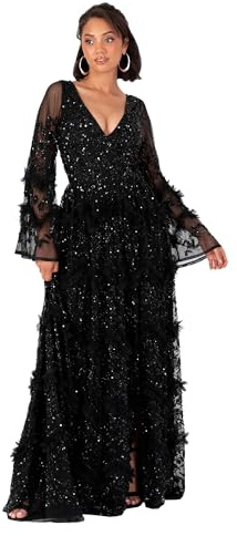 Maya Deluxe Damer Maxi Klänning V Neckline Sequin med Ruffle Empire Midja Slit Split för Prom Ball Bridesmaid Bröllopsgäst Dam, Svart, 30