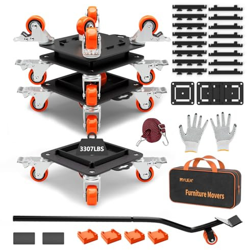 MYUEA Heavy Duty Furniture Dolly, 5 Wheels with Removable Side Guards, 3307 Lbs Capacity, 360 Rotating Wheels & Tail Brake, Orange, Carbon Steel