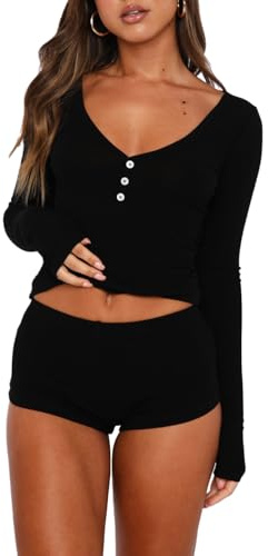 LACOZY 2-teiliges Pyjama-Set für Damen, sexy Pyjama-Shorts, Y2K, V-Ausschnitt, langärmelig, bauchfreies Top, Lounge-Set, Nachtwäsche mit Knopfleiste