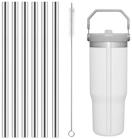 Yuecda Metall-Trinkhalme, Wiederverwendbar für Stanley Iceflow Flip-Becher, 850 ml, 6 Stück, Ersatz-Trinkhalme aus Edelstahl mit Reinigungsbürste