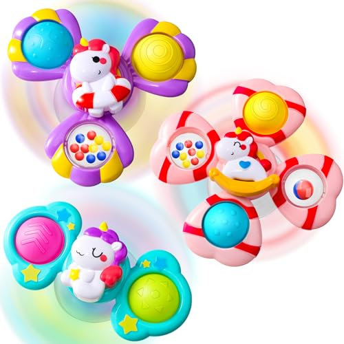 Pourbibi Spinners for Babies - Suction Cup Baby Spinner Toys with Rotating Crystal Bell Unicorn Bath Toys with Silicone Bubbles Baby Travel Toys for Babies High Chair Tray Table Gift for 1+ Years
