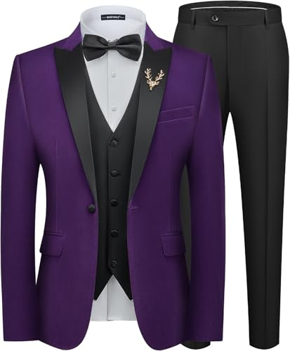 MAGE MALE Mens Velvet Suits Slim Fit Peak Lapel Tuxedo 3 Piece One Button Prom Party Banquet Blazer Vest Pants Set with Brooch Purple