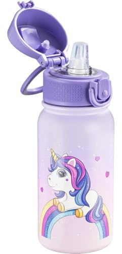 OLDLEY Borraccia per bambini da 350 ml, isolata in acciaio inox, con cannucce, a prova di perdite, per bambini, scuola, ragazzi, ragazze, unicorni magici