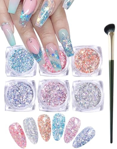 IPNSDON 1pcs Vernis à ongles, poudre pour ongles, poudre de peinture pour ongles, 6 couleurs, brillant à ongles, vernis à ongles holographique, paillettes pour ongles, avec pinceau