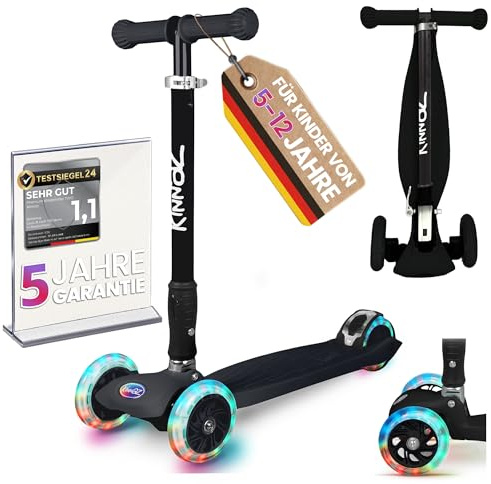 Kinderroller ab 5-12 Jahre kinnaz Two, LED Räder, faltbar, stufenlos Höhe einstellbar, Roller für Kinder extra breit stabil, bis 80KG, ab 5, 6, 7, 8. 9, 10 Jahre, erweiterer Service, aus Hamburg