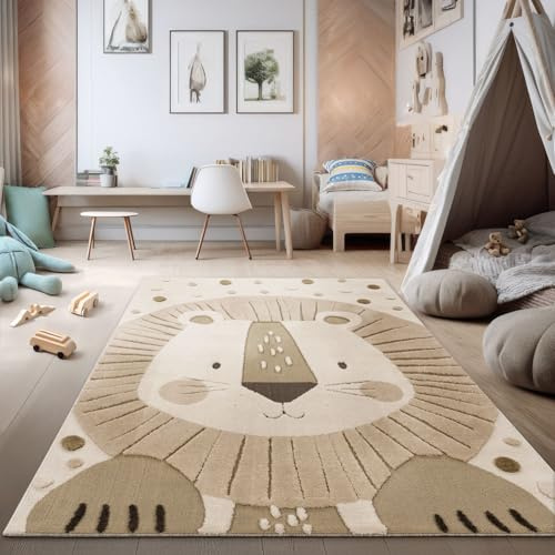 TT Home Alfombra Habitación Infantil Alfombra Juego Motivo Efecto High-Low León Suave Tonos Naturales Estilo Minimalista Fácil, Tamaño:80x150 cm