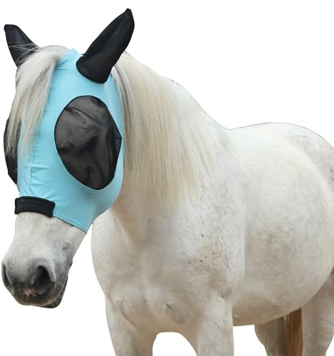 Leberna Stretchy Horse Fly Mask with Ears, Extra-Large Eyes & UV Protection–Soft, Breathable Fly Mask for Horses, Tangle-Free Design, Enhanced Visibility (Lake Blue, Cob)
