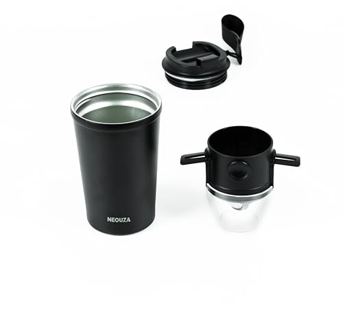 NEOUZA Dripper de café con vaso aislado al vacío, filtro de café reutilizable de acero inoxidable, cafetera portátil plegable sin papel para camping, viajes (vaso negro + goteador)