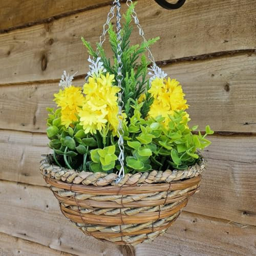 Best Artificial Présentoir de fleurs en jacinthe de 28 cm dans un panier rond en osier de 25,4 cm – Convient pour l'extérieur, l'intérieur et le jardin (jaune)