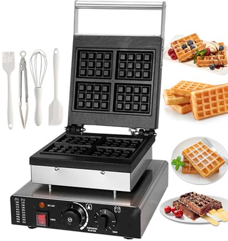pealiritansemen Waflera Eléctrica De Alta Capacidad con Kit para Hornear | Waflera Comercial De Acero Inoxidable, Placas Calefactoras Dobles Y Ranura De Rebose, para Cafeterías, Catering,4-Slice