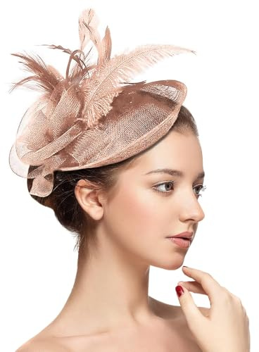 Joyincoser Fascinator Damen Hut mit Haarclip Blume, Mesh, Organza-Bändern Federn auf Haarreif für Cocktailparty Hochzeit Kirche Abendanlässe(Dusky pink)