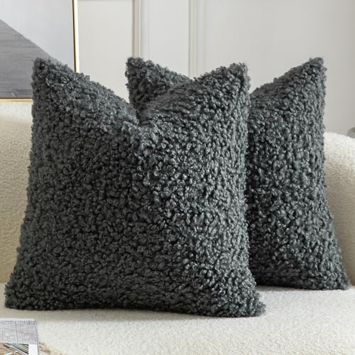 Yaertun 2er Set Kissenbezug Teddywolle Faux Pelz Dekorative Kissenbezüge Plüsch Bouclé Sofakissen Couchkissen Dekokissen Zierkissenbezug Deko Kissenhülle Schlafzimmer Wohnzimmer 45x45 cm Grau