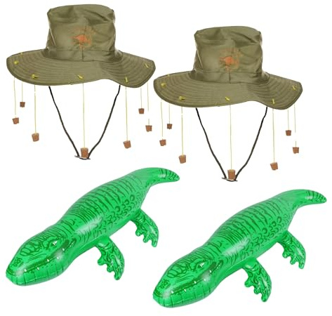 Lizzy 2 Pack Adult Australian Cork Hats with Inflatable Kangaroo (70cm) | Aussie Flag Print | Fancy Dress Set for Australia Day, Crocodile Hunter Man Costume, Festivals