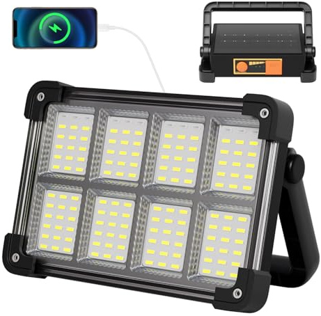 Led Baustrahler Akku Solar Arbeitsleuchte Tragbare, 4 Modi LED Strahler Akku, Campinglampe Aufladbar für Garten, Garage, Camping, Notfall, Outdoor - Schwarz