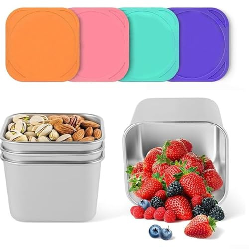 Paquete de 4 recipientes pequeños de acero inoxidable con tapas de 6 onzas, 7,4 cm x 7,4 cm x 4,8 cm, mini tina pequeña de almacenamiento de cocina, almacenamiento apilable y hermético para loncheras